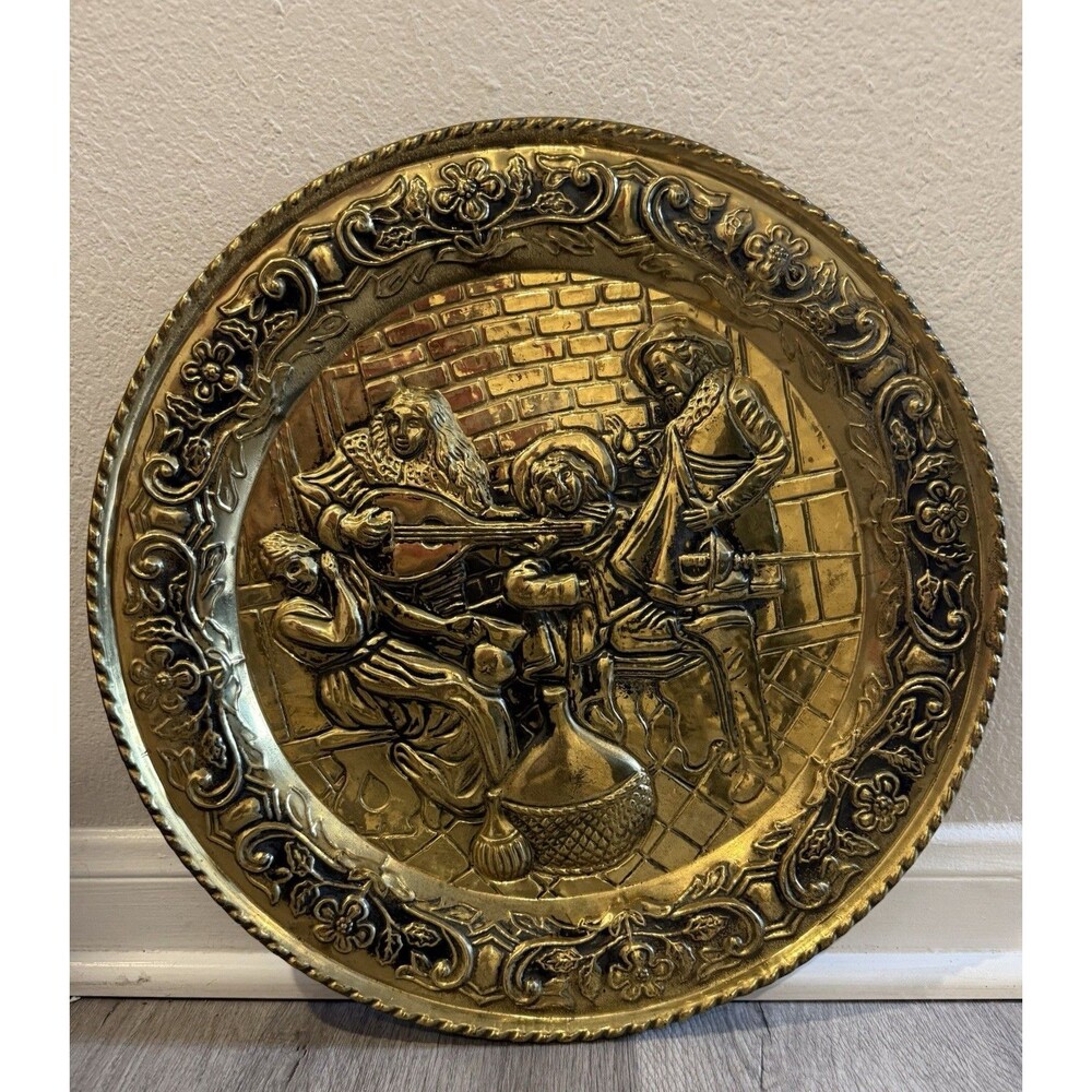 Vintage Large Hammered Brass Musicians Wall Decorative Plate 16.5"